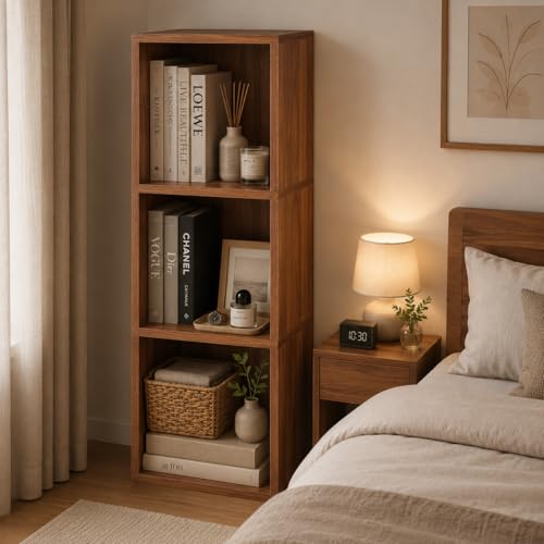 Image of 3 Cube Storage Organizer Wooden Bookshelf, 3 Cube Shelf Bookcase, Small Bookshelf Storage Organizer, 3 Cube Storage Shelf for Bedroom, Small Bookshelf for Living Room and Office (Brown, 3)