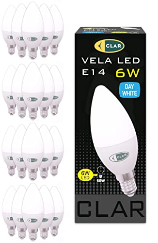 CLAR – Bombilla LED E14 Tipo Vela 6W, Casquillo Fino, Luz Neutra 4000K, Bajo Consumo y Estilo Clásico Decorativo (Pack 20)