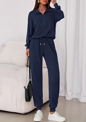 Image of PRETTYGARDEN Women 2 Piece Ribbed Knit Matching Lounge Sets | Comfy Sweat Track Suits, Athleisure Casual Outfit, Half Zip Sweatshirt & Jogger Pants, Fall Winter Clothes for Airport Travel