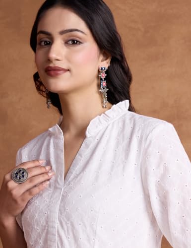 Image of Amazon Brand - Myx Women's Schiffli Embroidery Ethnic Dress | Fit and Flare | Knee Length (Available in Plus Sizes)