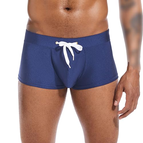 Maiyifu-GJ Men Swim Trunks Boxer Briefs Elastic Waist Swimming Trunks Sexy Quick-Drying Board Shorts with Drawstring (Dark Blue,XX-Large)2