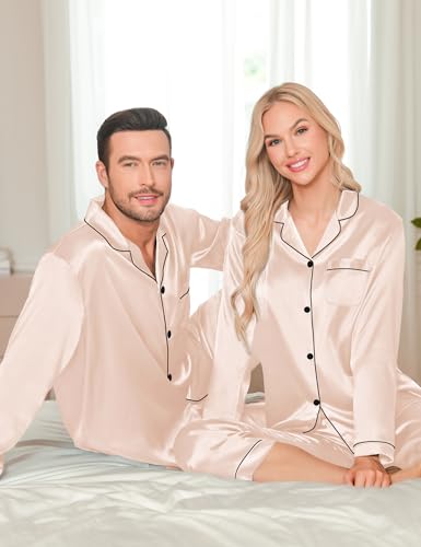 LecGee Couples Matching Pajamas Set Button Down Sleepwear Long Sleeve Loungewear Silky Satin 2 Piece Pjs (Men Champagne X-Large)4