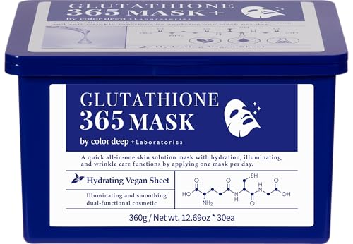 Color Deep Glutathione 365 Mask(1pack, 30sheets, 360g)/ 99% Pure Glutathione, 100% Plant-Based Vegan Sheet quick all-in-one skin solution mask with hydration, illuminating, and wrinkle care functions