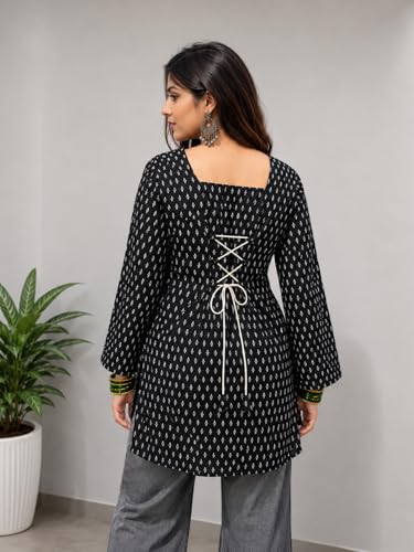 Image of SONISHA Women's Rayon Floral Print Short Kurti for Women Elegance Square Neck, Long Sleeves with Style Criss Cross Back Kurti, Top for Office Wear, Casual, Outdoor