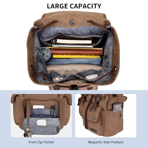 Image of WITZMAN Canvas Backpack for Men Vintage Rucksack Fits 15.6 inch Laptop | Drawstring Backpack, Travel High Capacity Casual Daypack with USB Charging Port, For Vacation, Overnight Trip, A8004 Brown