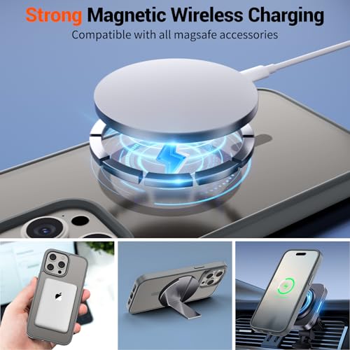 Image of SUPFINE Magnetic for iPhone 15 Pro Case (Compatible with MagSafe) (Military Grade Drop Protection) Translucent Matte Shockproof Phone Case, Gray