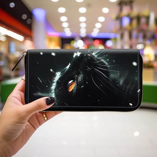 Wallet,Leather Long Wallet Suitable For Ladies And Teenagers - Detachable Wristband + RFID Travel Wallet With Card Slot - Black Cat with Red Eyes4