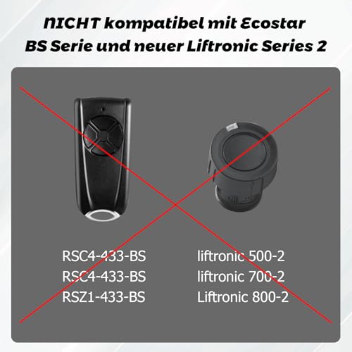 2 Stück Ersatz Handsender für EcoStar RSC2 433, Garagentoröffner Fernbedienung 433,92 Mhz 4 Kanäle Kompatibel mit Hormann EcoStar Liftronic 500/700/800, Portronic D2500/D5000/S4000
