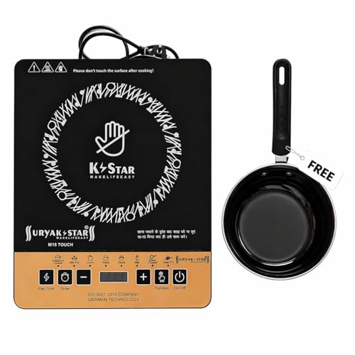 Image of Surya K Star 2000W Induction Cooktop with Sauce Pan Electric Induction Stove for Kitchen | Portable Single Burner Cooktop with Preset Menu, Timer & Temperature Control | Tawa Included
