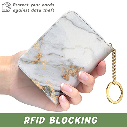 Image of Aiawoxc Credit Card Holder for Women, Small RFID Wallet Slim Leather Card Organizer Case with Zipper and Keychain, Grey Marble