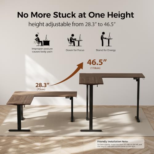 Image of Agilestic 63 x 55 Inch L Shaped Standing Desk Adjustable Height, Corner Standing Desk, Sit Stand Up Computer Table, Splice Board, Dark Walnut