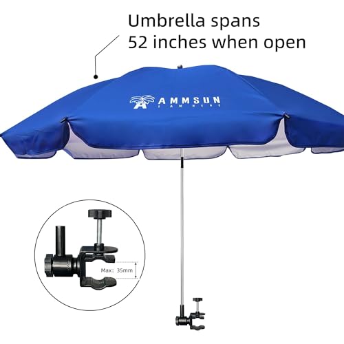 Image of AMMSUN XL Chair Umbrella with Universal Clamp Adjustable 47 inches and 360-degree Swivel UPF 50+, Portable Clamp on Camping or Beach Chair, Stroller, Wheelchair, Golf cart, Lounger (1, Navy)