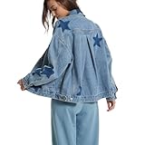 D-Sun Women Casual Denim Jacket Oversized Leopard Stars Printed Boyfriend Vintage Jean Jacket Coat with Pockets