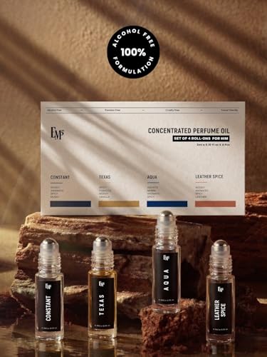 Image of EM5 Set of 4 Pure Perfume Oil (Attar) Roll-On for Men - Skin Safe, FDA Approved, IFRA Compliant | Alcohol Free & Travel Friendly | Aqua, Texas, Constant & Leather Spice | Strong & Long Lasting Roll On Perfume | Luxury Gift for Men | 3ml x 4