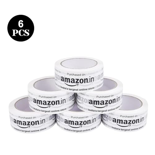 Image of Amazon.in Printed Packing Tape | Pack of 6 | 2 Inch x 65 Meter, Strong Adhesive, White BOPP Material, Tear-Resistant, Moisture-Proof, Ideal for E-Commerce, Office