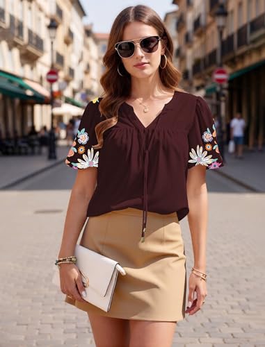 Soesdemo Womens Casual Summer Tops V Neck Short Puff Sleeve Flowy Peasant Blouses Loose Fit Tie Front Shirts Burgundy M — view 5