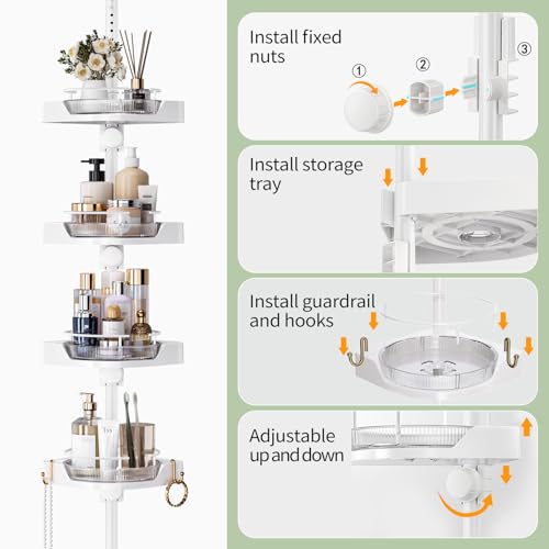 Image of akinbas 360 Rotating Shower Caddy Tension Pole with 4-Tier Rustproof Lazy Susan 35-128 Inch No Drilling Coner Shelves Adjustable Shower Rack for Bathroom Bathtub Washbasin Plant Storage (White)