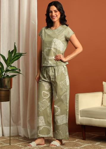Image of Yash Gallery Women's Cotton Straight Geomatrical Printed Night Suit for Women