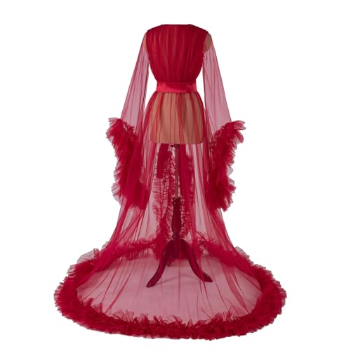 Image of Women's Long Bridal Robes Tulle Lingerie Maternity Bathrobe Photoshoot Illusion Wedding Scarf Party Nightgown