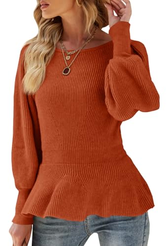 Image of Womens Fall Puff Sleeve Peplum Casual Slim Fit Knit Pullover Sweater Jumper Tops