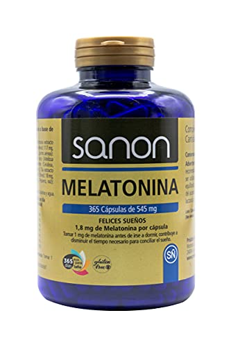 SANON Melatonina - 365 Cápsulas de 545mg - 1,8 mg de Melatonina por Cápsula - Ayuda a Conciliar el Sueño y Mejorar la Calidad del Sueño - Combate el Insomnio y el Jet Lag - Antioxidante - Sin Gluten