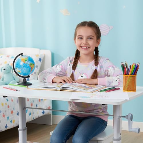 mesa elevatória manual para estudo 80x60cm MDF + aço - Altura ajustável 63-90cm, manivela desmontável, trave e parafusos de nivelação, branco