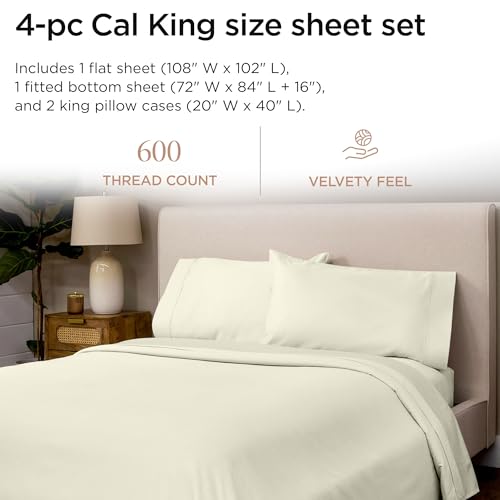 Image of Threadmill 100% Cotton Sheets for Cal King Size Bed - 600 Thread Count Cal King Bed Sheets Set with 16 inch Deep Pocket - Sateen Weave 4-Piece Bedding Set with Cooling Effect, Ivory