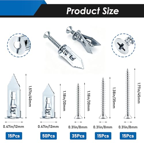 Image of 130Pcs Self Drilling Drywall Anchors with Screws Kit, Metal Self Drilling Anchor Screws, 5 Sizes Silver Drywall Grip Anchors and Screws for Sheetrock, Hollow Wall, Picture Frames, Wall Decor