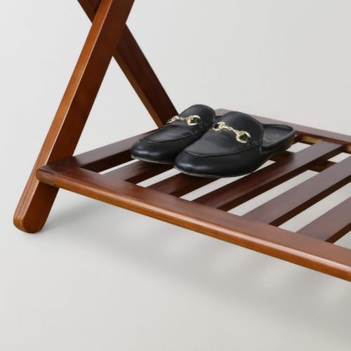 Image of Priti Solid Wood Foldable Luggage Rack with Shelf for Bedroom & Hotel | Heavy Duty Nylon Straps | Space Saving Suitcase Stand | Shoe Storage Bottom Rack | Premium Dark Walnut Finish