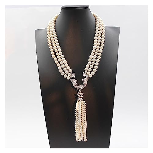 QTIPY Colar de pérolas brancas cultivadas em água doce com 3 fios naturais CZ zircônia cúbica pave p