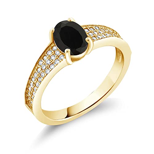 Gem Stone King 18K Yellow Gold Plated Silver Black Onyx Engagement Ring For Women (2.08 Cttw, Oval 8X6MM, Gemstone December Birthstone, Available In Size 5, 6, 7, 8, 9)2