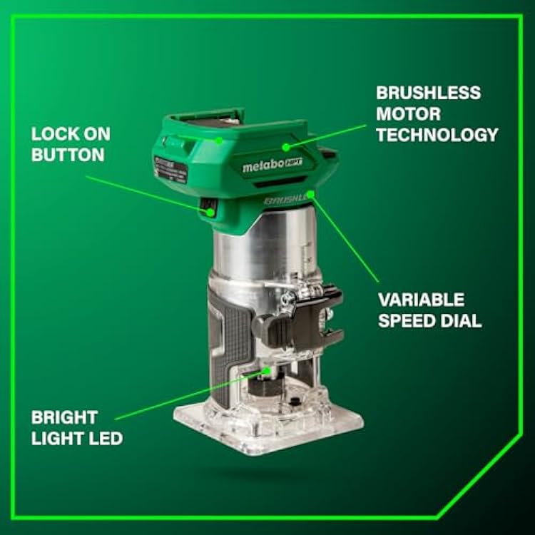 Metabo HPT 18V Cordless Trim Router, Variable Speed 10,000-30,000 RPM, Lightweight Router Design, 1/4-Inch and 3/8-Inch Collets, LED Work Light, Soft Start & Quick Brake, Tool Body Only, M1808DAQ4