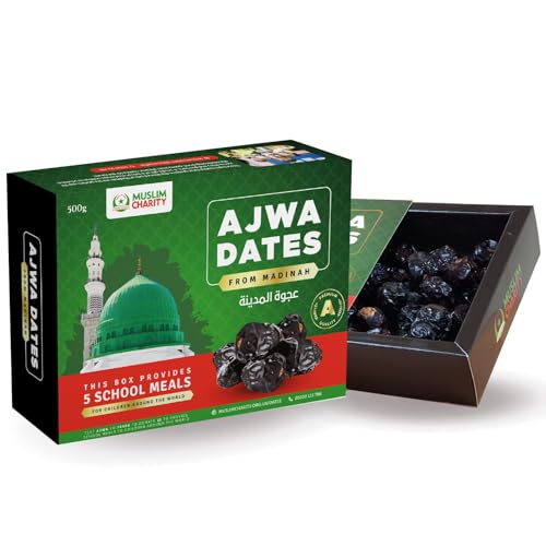 Muslim Charity Ajwa Dates from Madinah 500g - Premium Quality Fiber Rich Delicious Fresh Dates Fruit Snack - Imported from Madina, Saudi Arabia - Ramadan Date Gift Box