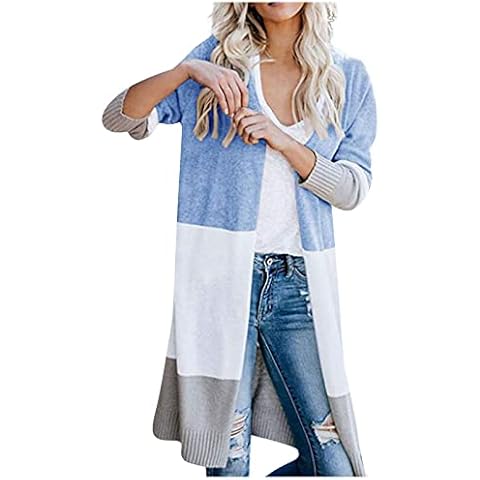 Casual Coats for Women Long Sleeve Long Autumn Office War Cardigan Striped Fitted Collarless Jersey Coat for Women Sky Blue Cover