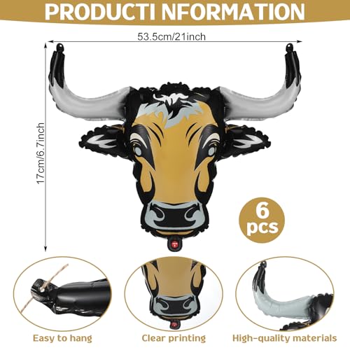 Image of Gejoy 6 Pcs Western Party Decorations Long Horn Cow Balloons Cowboy Aluminium Foil Balloon for Cowgirl Decorations Rodeo Balloons Western Party Supplies (Bull)