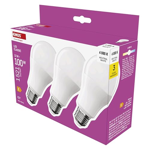 EMOS LED Lampe A60-Birne 3er Pack, 13W Ersatz für 100W Glühbirne, klassische Birne mit E27 Sockel, Helligkeit 1521 lm, Neutralweiß 4000 K, 30000 h Lebensdauer, CRI min. 80, 180° Abstrahlwinkel