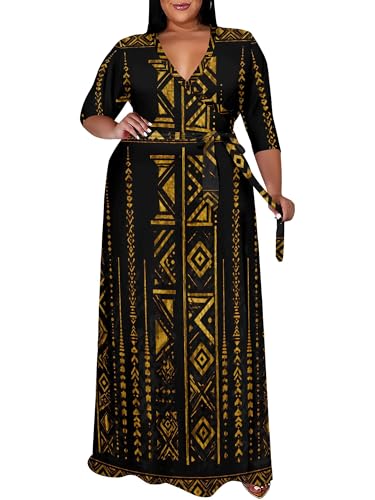 Image of PinkPatty Women's Plus Size Maxi Dress Print 3 /4 Sleeves V Neck Party Sundress Wedding Guest Dresses