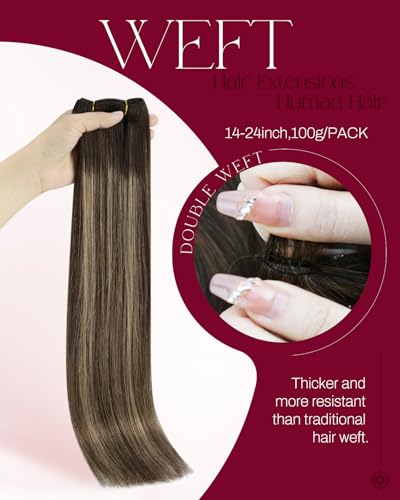 Image of Moresoo Weft Hair Extensions Human Hair Remy, Balayage Brown with Blonde | 14 Inch 100g, Remy human hair adds soft dimension, ideal for daily wear, office looks and polished layered styling