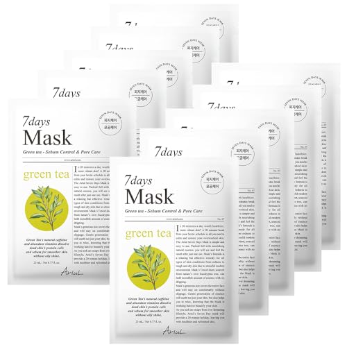 Image of Ariul 7days Mask Green Tea S (1 Sheet, 23ml) Daily Purifying Sebum Control Korean Sheet Mask with Green Tea, Reduces Acne, Pore Refining, Hydrating Soothing Facial Mask for Oily Acne Prone Skin