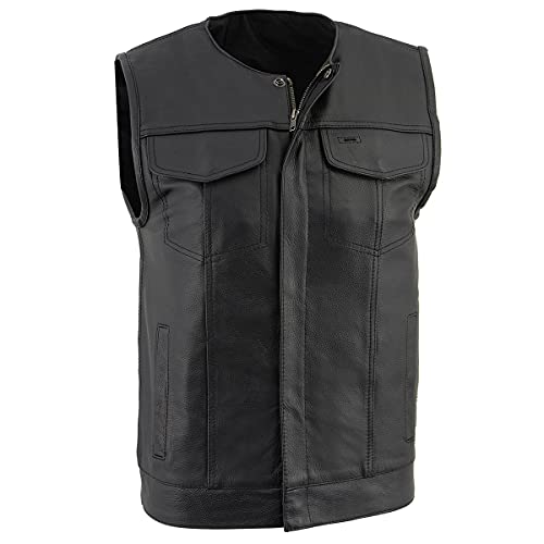 Milwaukee Leather LKM3711 Men's Black Leather Collarless Club Style Motorcycle Rider Vest w/Dual Front Closure