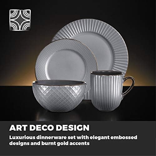Tower T867002GRY Empire 16 Piece Dinnerware Set, Stoneware, Grey and Brass