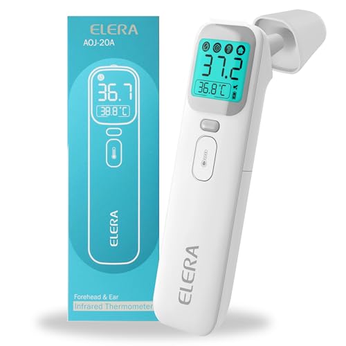 ELERA Fieberthermometer Ohr, Fieberthermometer Kontaktlos mit Vier Messmodi und Vierfarbiger Temperaturanzeige, Stirnthermometer Baby mit 1 Sekunde Messzeit und 40 Speicherfunktionen ELERA Fieberthermometer Ohr, Fieberthermometer Kontaktlos mit Vier Messmodi und Vierfarbiger Temperaturanzeige, Stirnthermometer Baby mit 1 Sekunde Messzeit und 40 Speicherfunktionen