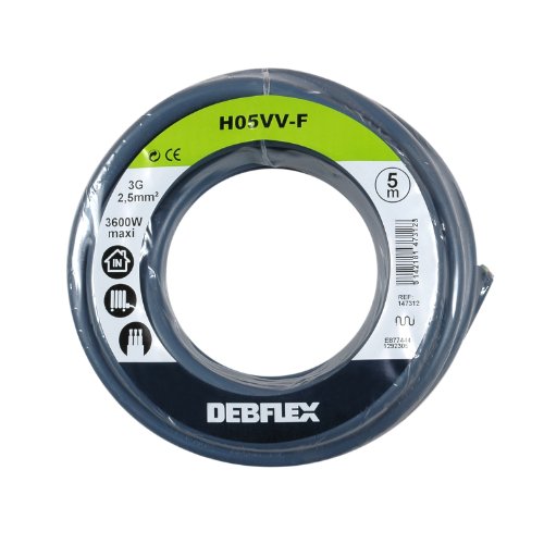 DEBFLEX Flexible Electric Cable Reel - 5 Metres HO5VV-F 3G2.5 mm² - Grey - Compatible with All Devices Requiring Electrical Power