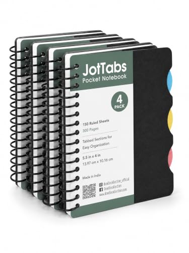 Image of DOODLE Set of 4 Pocket 5 Subject Notebooks | 300 Pages Each | Spiral Bound Mini Notebook with Color Indexed Tabs | Pocket Journal for School, College, Office & Note Taking