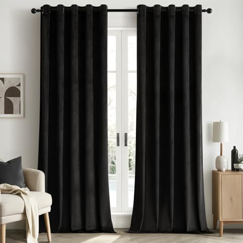 Woaboy Velvet Curtains 90 Drop Black Curtain for Living Room Thermal Blackout for Bedroom Luxury Eyelet Drapes Super Soft Window Treatment Insulated Soundproof & Room Darkening W 66 x L 90 2 Panels