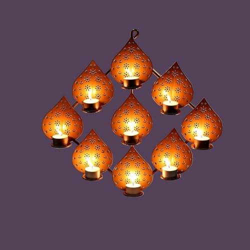 Image of METSY Stylish Metal Cutting Edge Candle Light Holder Leaf in Rectangular Shape | Metal Art | Home Decor Items (Golden Triangular) (Golden Square)