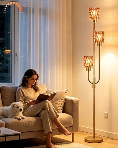 Image of 66IN Glass Floor Lamp 3-Lights Modern Gold Dimmable Floor Lamps with 3000K Warm White Bulbs for Wedding Party Modern Tall Standing Lamp with Deep Red Glass Shade for Living Room /Bedroom /Home Decor
