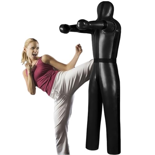 PRMTYUP MuñEco De Agarre Colgante, MuñEco De Lucha MMA, Cuero SintéTico Resistente, Grappling De Pie, Sentado, Tumbado, Lanzamiento, para Entrenamiento De Artes Marciales,Negro,H1.85m[35KG]