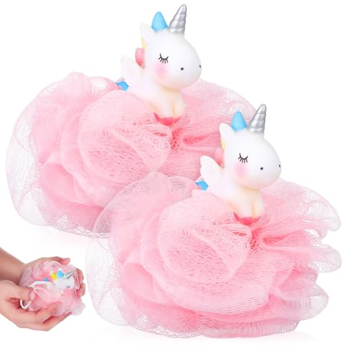 YARNOW Esponjas de baño unicornio para niñas 2 unidades, bolas exfoliantes corporales con materiales PP y PE, uso infantil para ducha y cuidado de la piel, color rosa