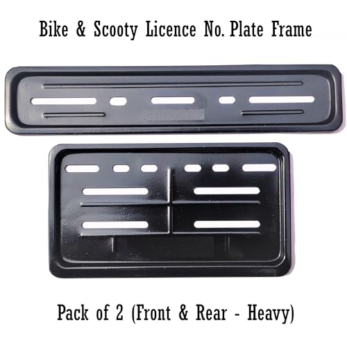 Image of Ramanta Heavy Metal Number Plate Frame for Bikes HSRP | IND Licence Number Plate Frame Cover Front & Rear Universal Standard Size for All Motorcycles & Scooter (Size 30 cm x 12 cm, Black) Set of 2